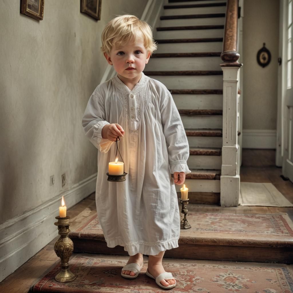 Hyperrealistic Wee Willie Winkie Ascending Stairs
