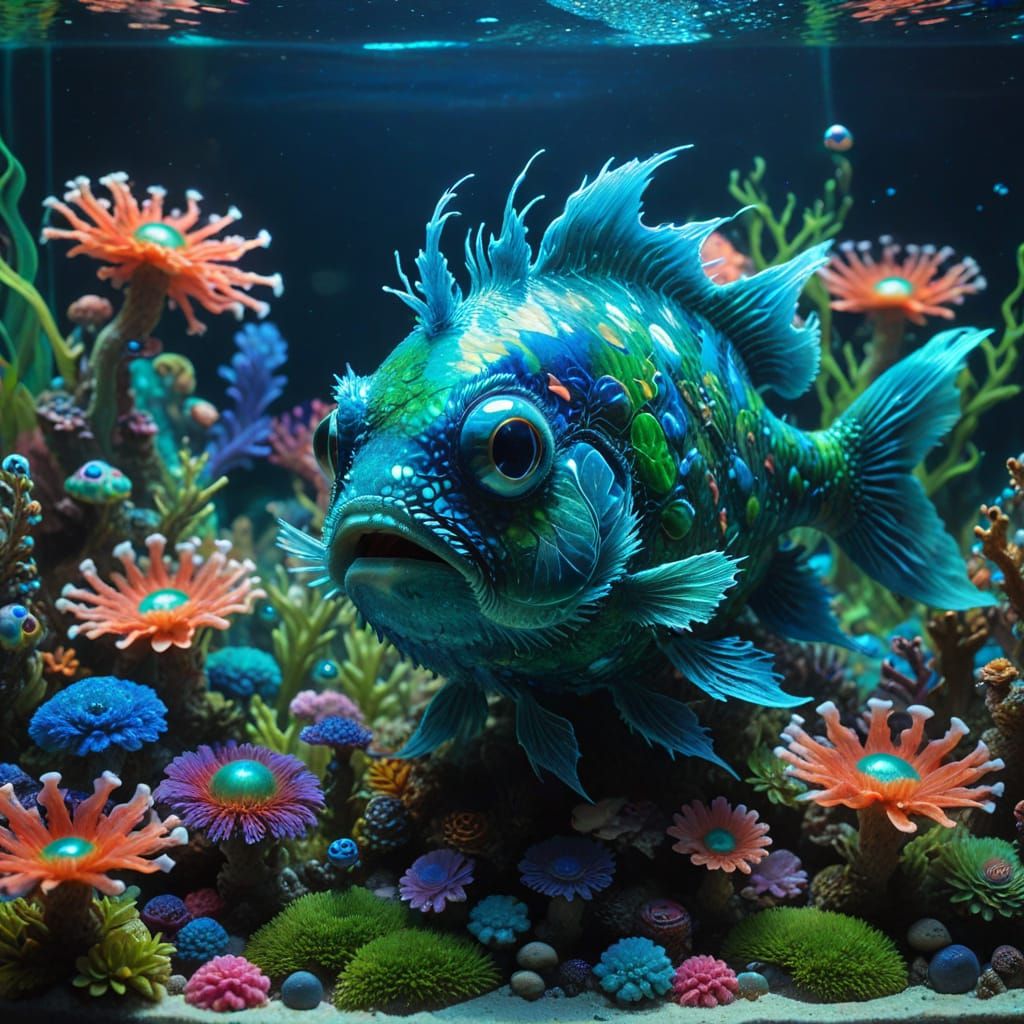 Blue-Green Furry Fish in Surreal Aquarium, Murakami Style