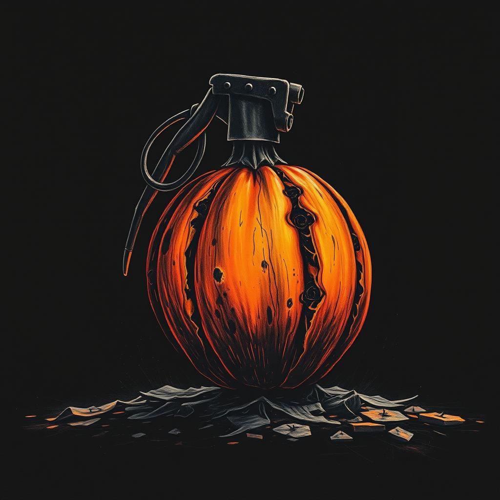 Eerily Lit Halloween Pumpkin Grenade in Dark Surrealism