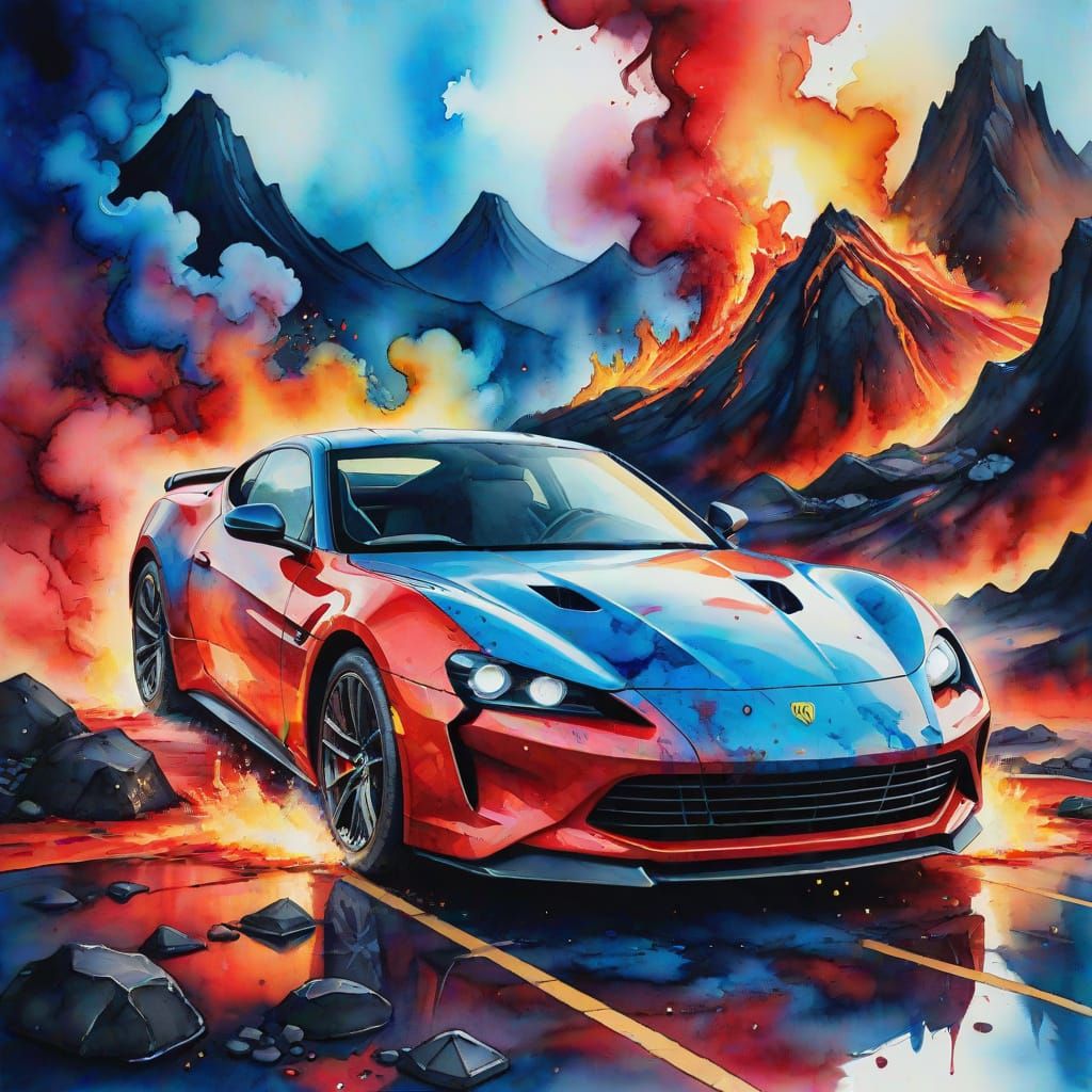 Sports Car in Lava Eruption Watercolor Painting