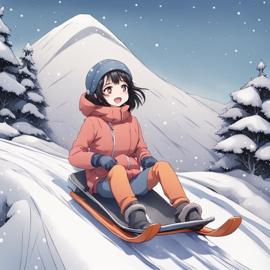 Anime Girl Bob Sledding Down Snowy Hill
