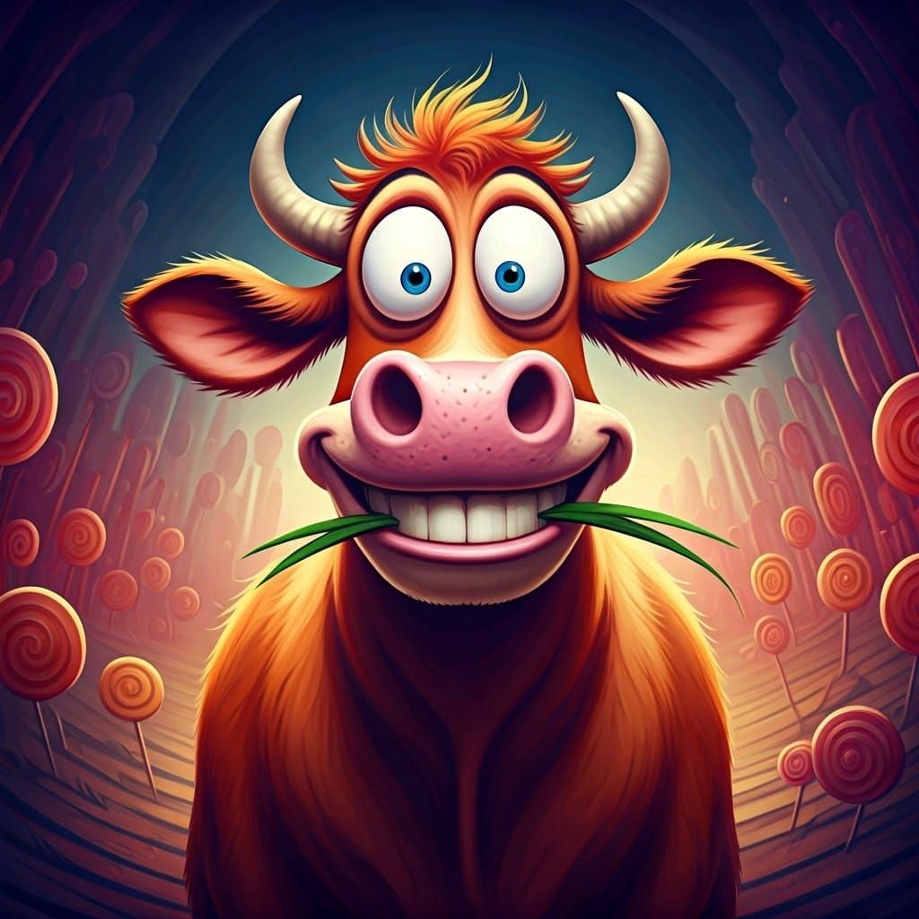 Googly-Eyed Cow in Candyland, Cartoon Style