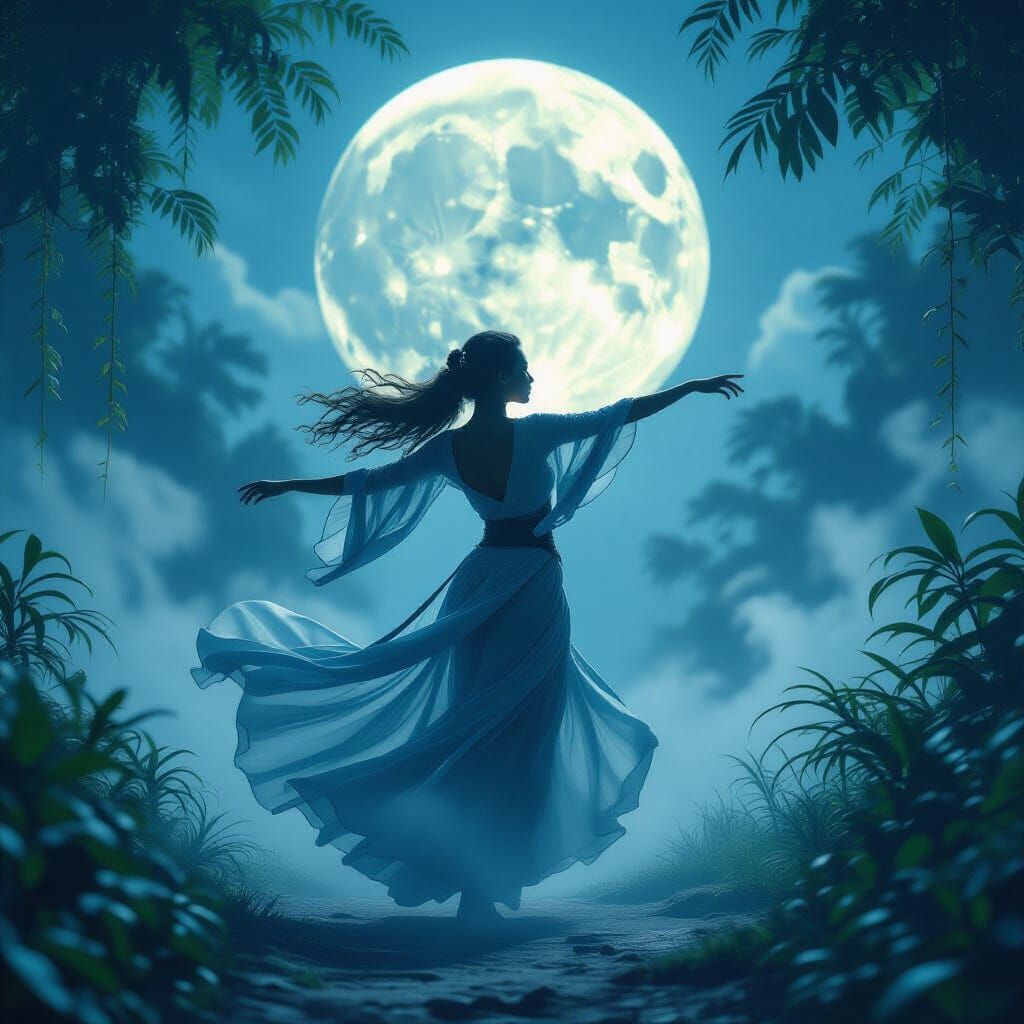 Mystical Dancer Under Pale Moon in Digital Matte Painting St...
