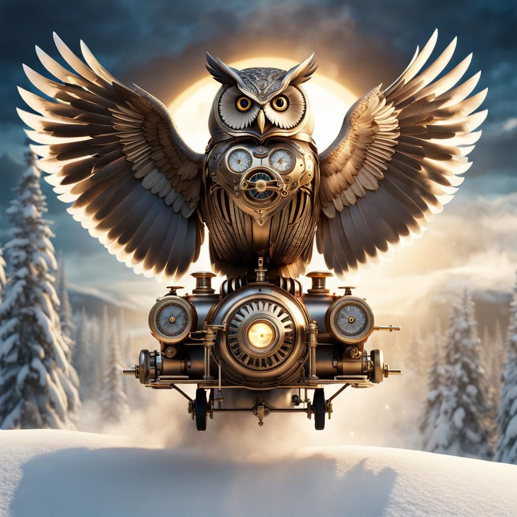 Steampunk Owl Engine in Flight: Detailed Mechanical Art