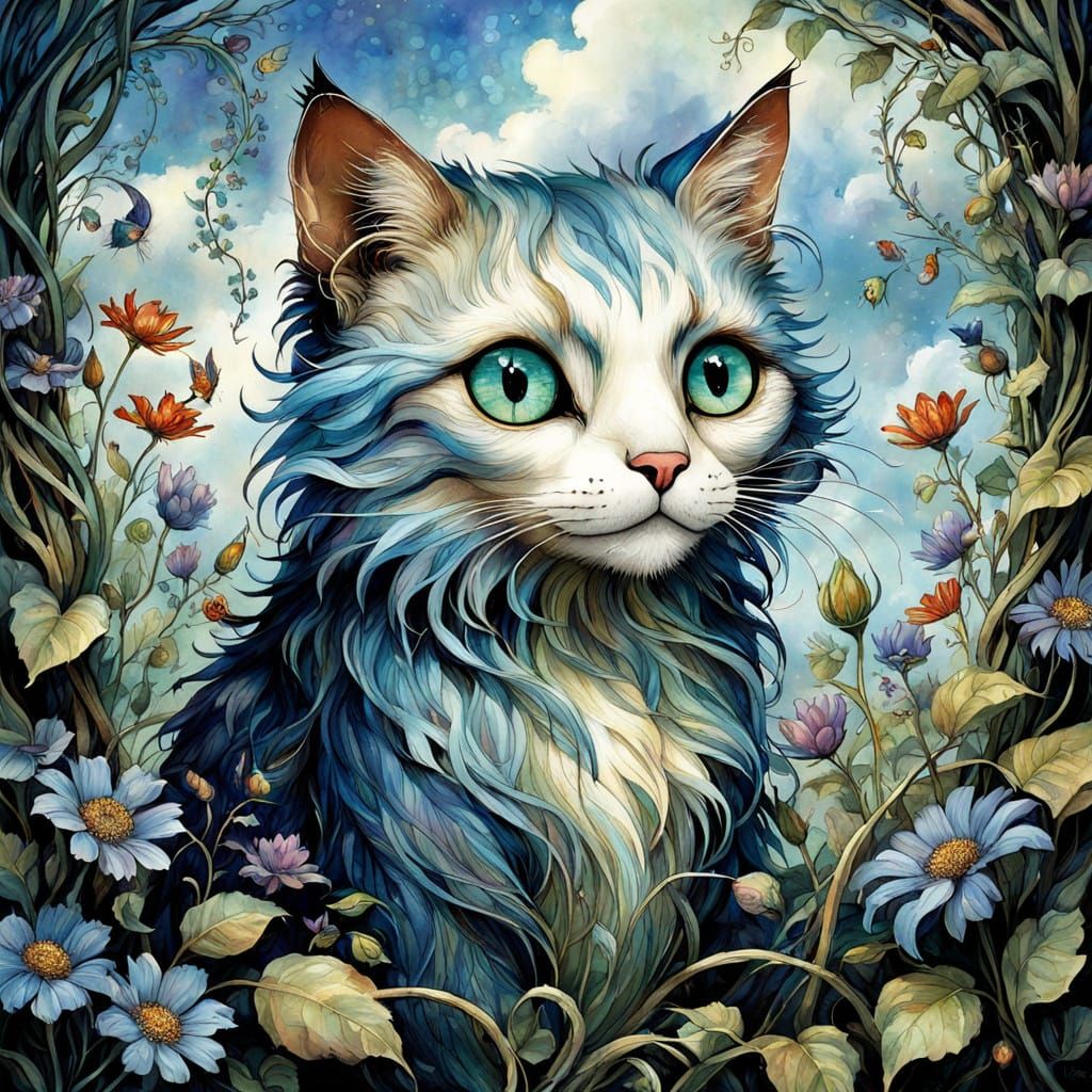 Enchanted Whimsy Feline in Lush Landscaping