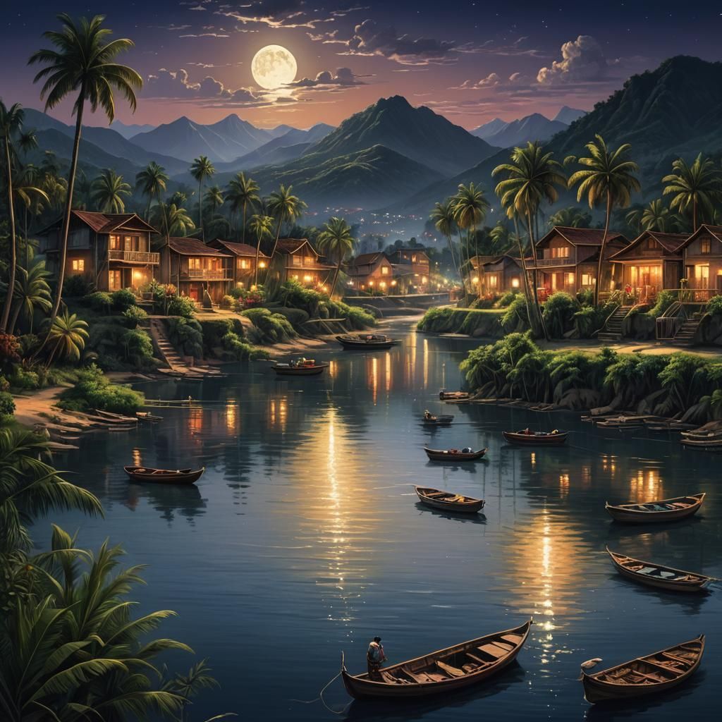 Moonlit River Landscape with Boats and Palm Trees