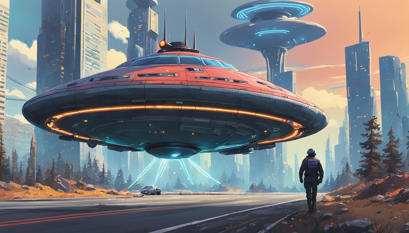 Sleek UFO Pulled Over on Earth, Surrounded by Futuristic Sky...