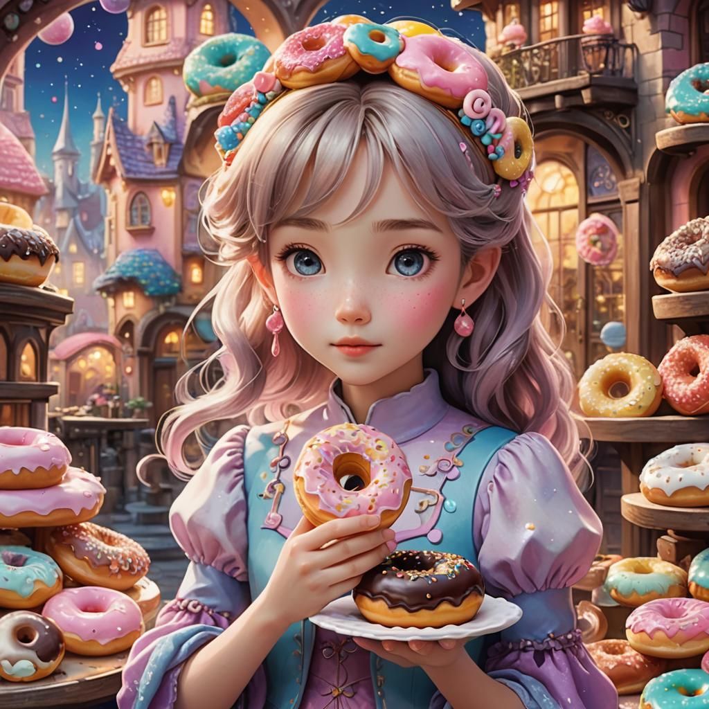 Kawaii Girl with Donut in Watercolor Style