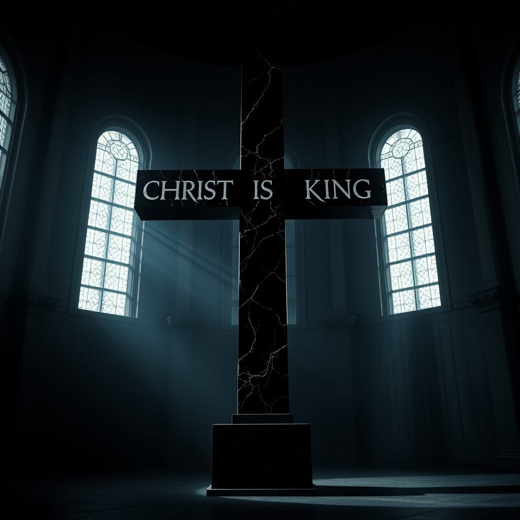 A Dark and Ominous Black Marble Cross in a Desolate Room