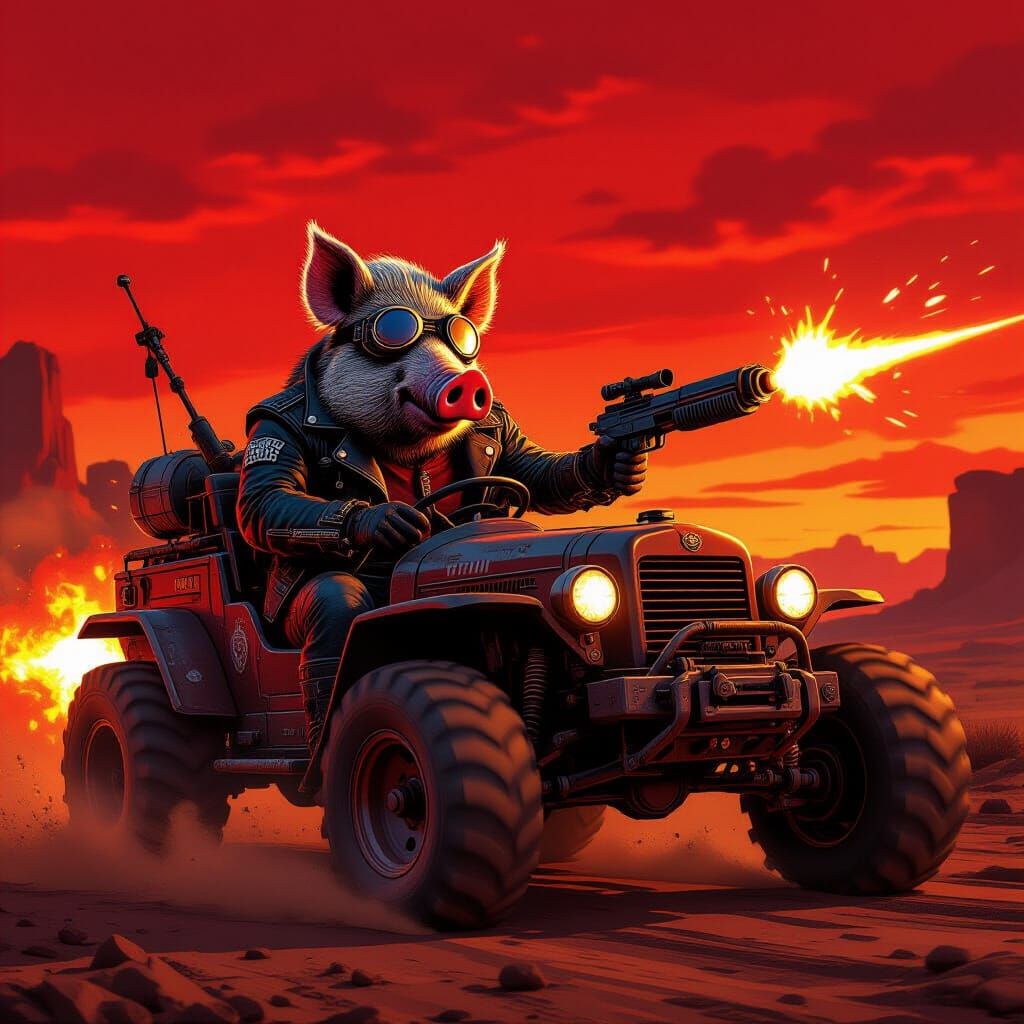 Anthropomorphic Boar Drives Dieselpunk Battlewagon