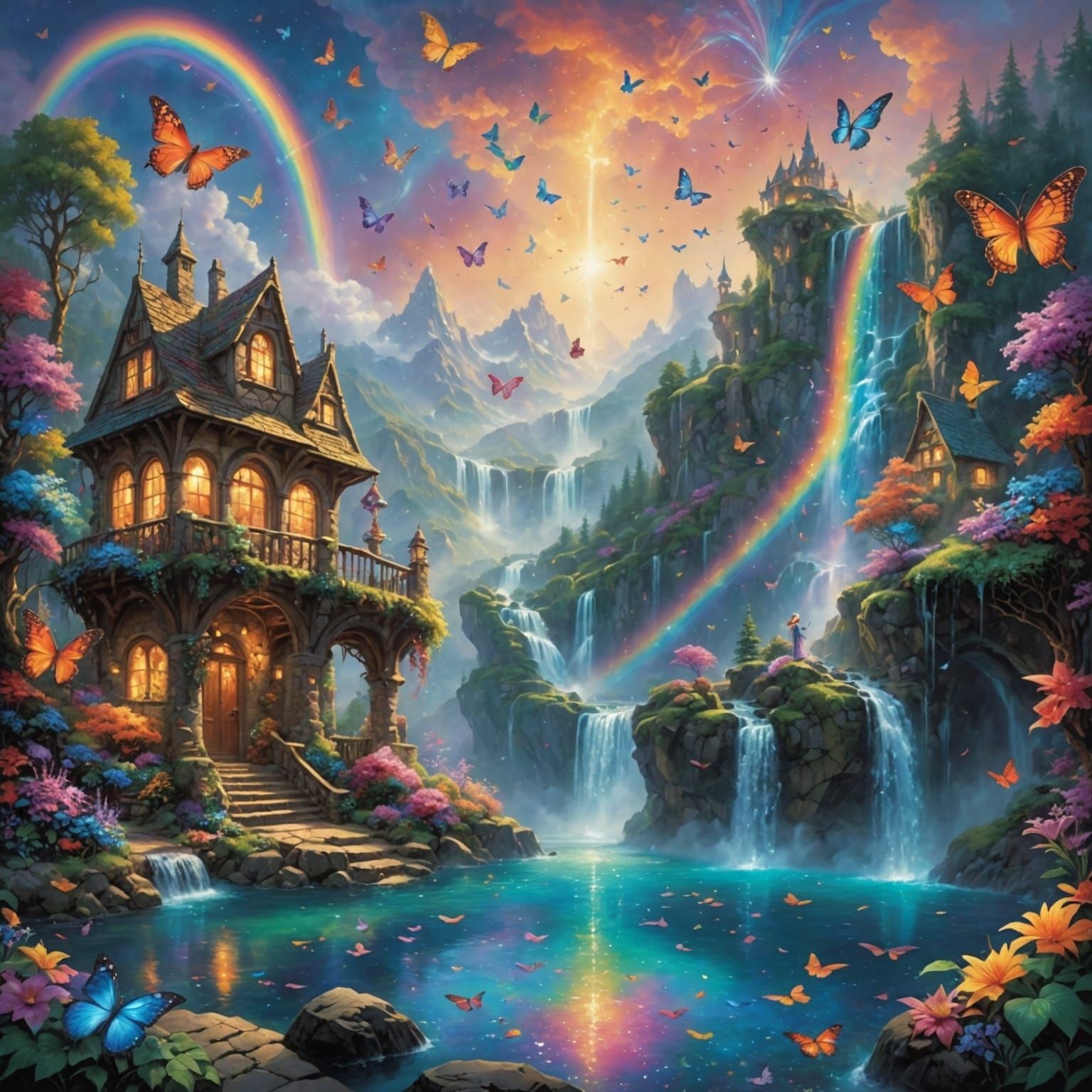 Ethereal Fantasy Dreamscape with Cascading Waterfalls