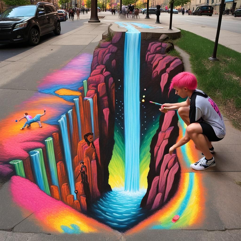 Boy Creates Chalk Art Waterfall Illusion