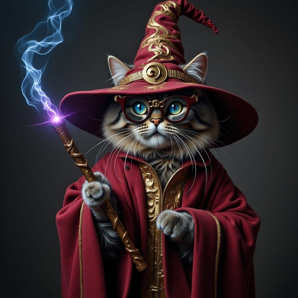 Wizard Cat with Glowing Wand and Cloak
