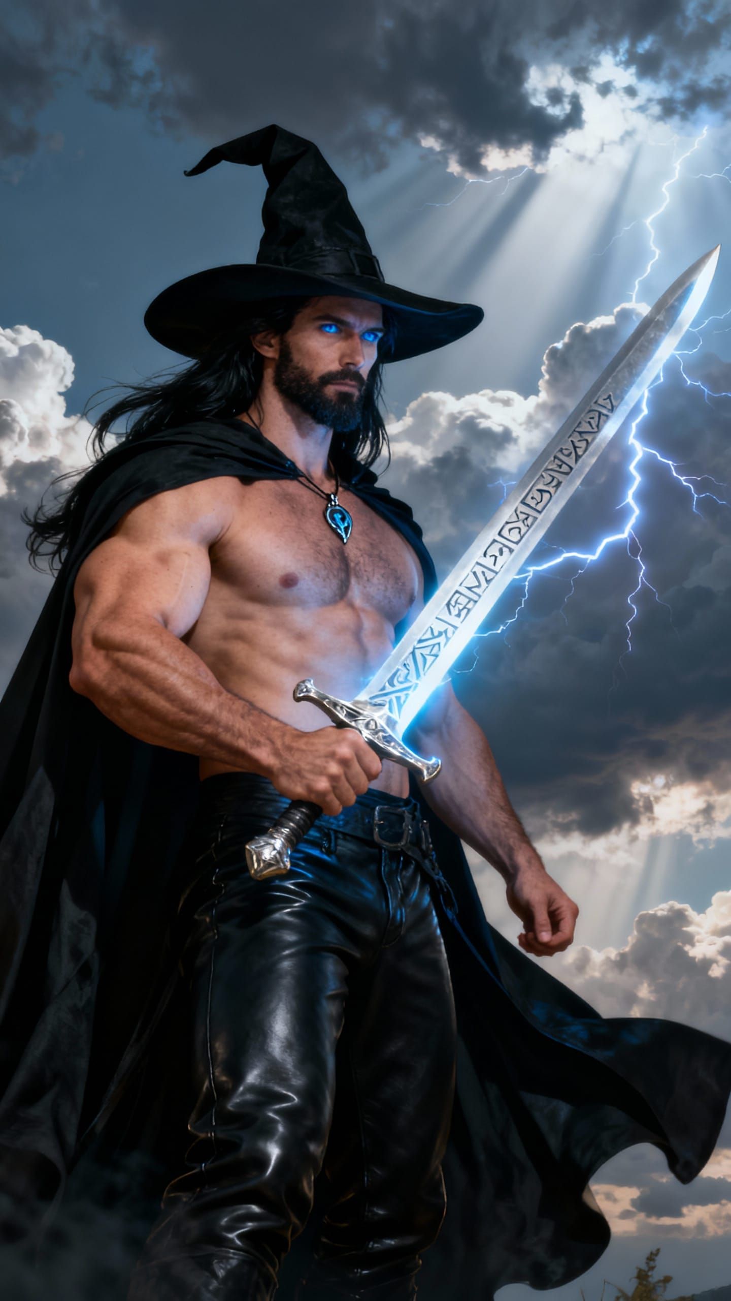 Muscular Male Witch Conjures Lightning in Dramatic Style