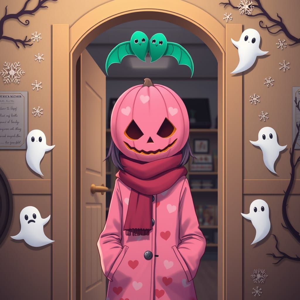 Anime Girl with Pumpkin Mask in Gothic Classroom