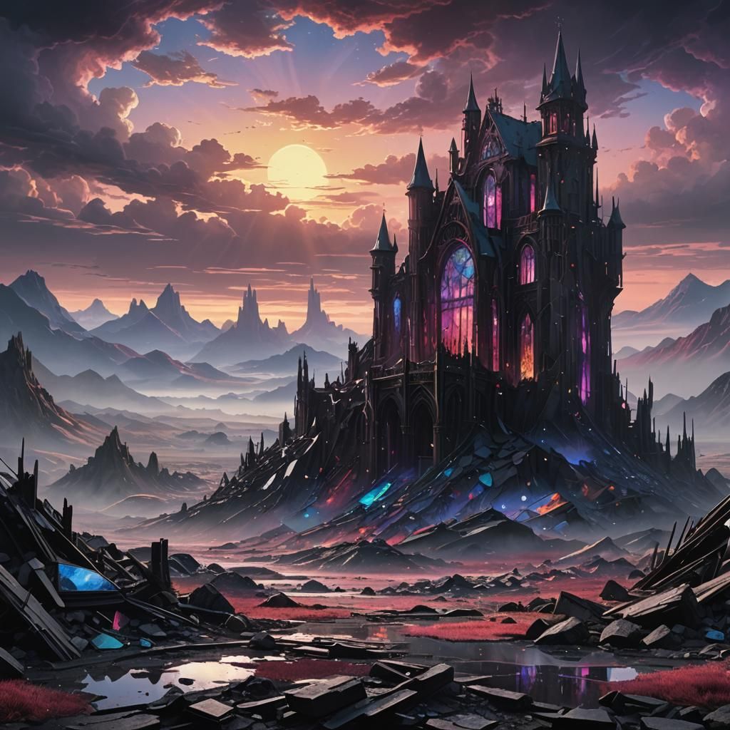 Stained Glass Sky Shatters Over Wasteland, Digital Art