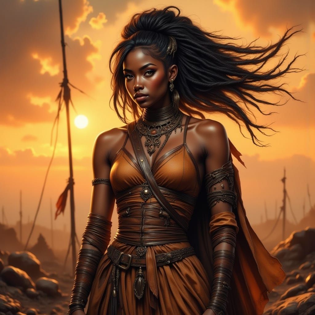 African Warrior in Barren Landscape, Cinematic Lighting