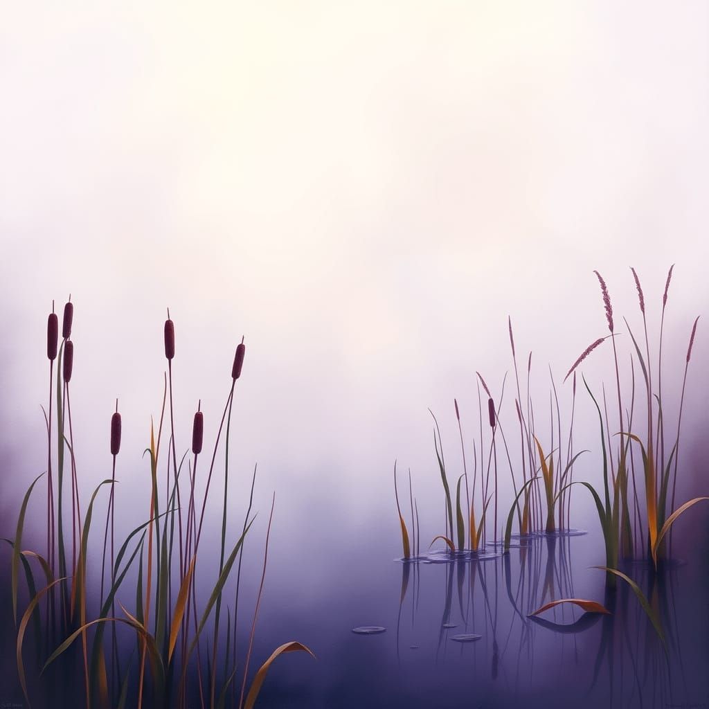 Misty Pond at Dawn in Purple and Amber Gouache