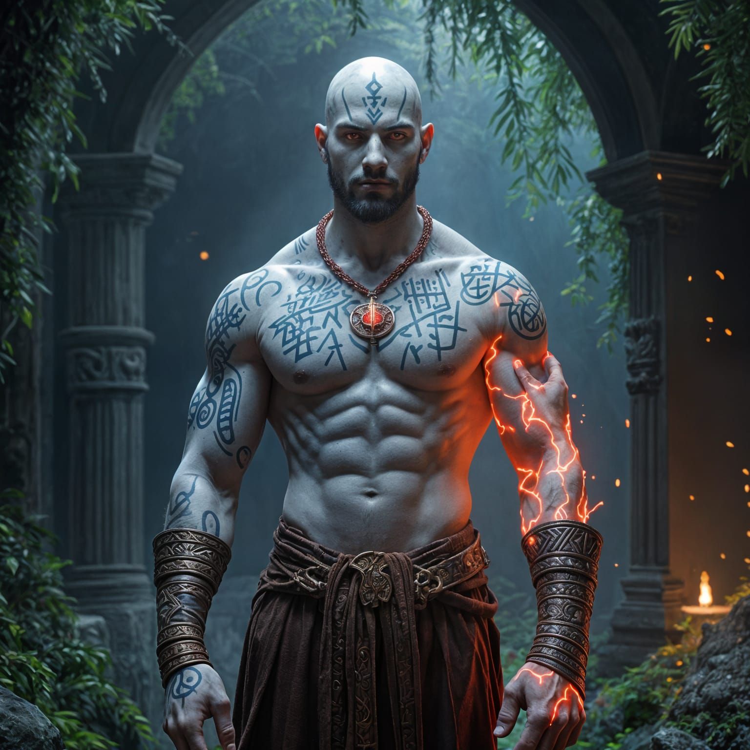 Amphibious Humanoid Figure in Ancient Temple