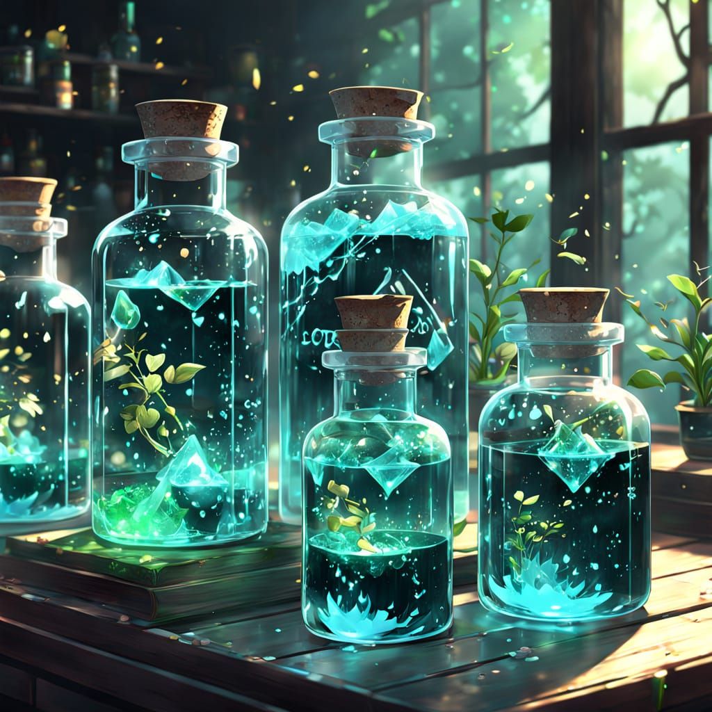 a set of sparkling potions in glass jars