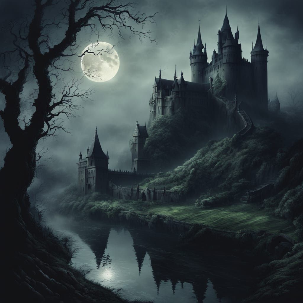 Eerie Gothic Castle Garden in Oil Painting Style