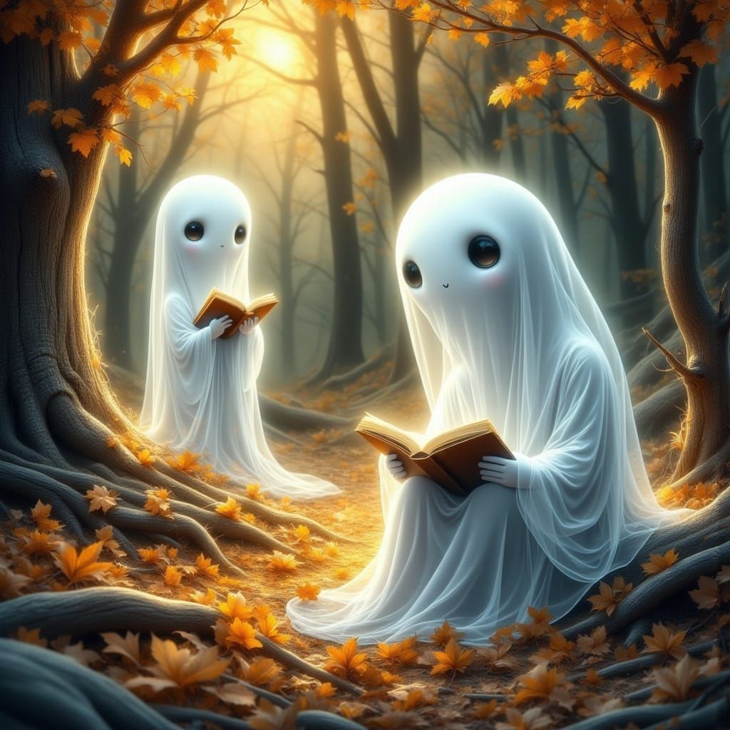 Ghosts Reading Books in Enchanted Forest