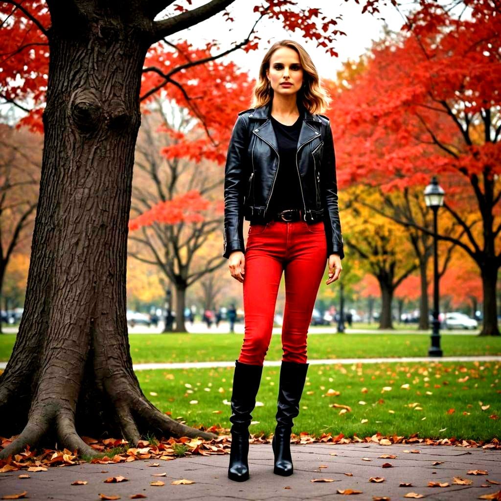 Blonde Woman in Leather Jacket in Park