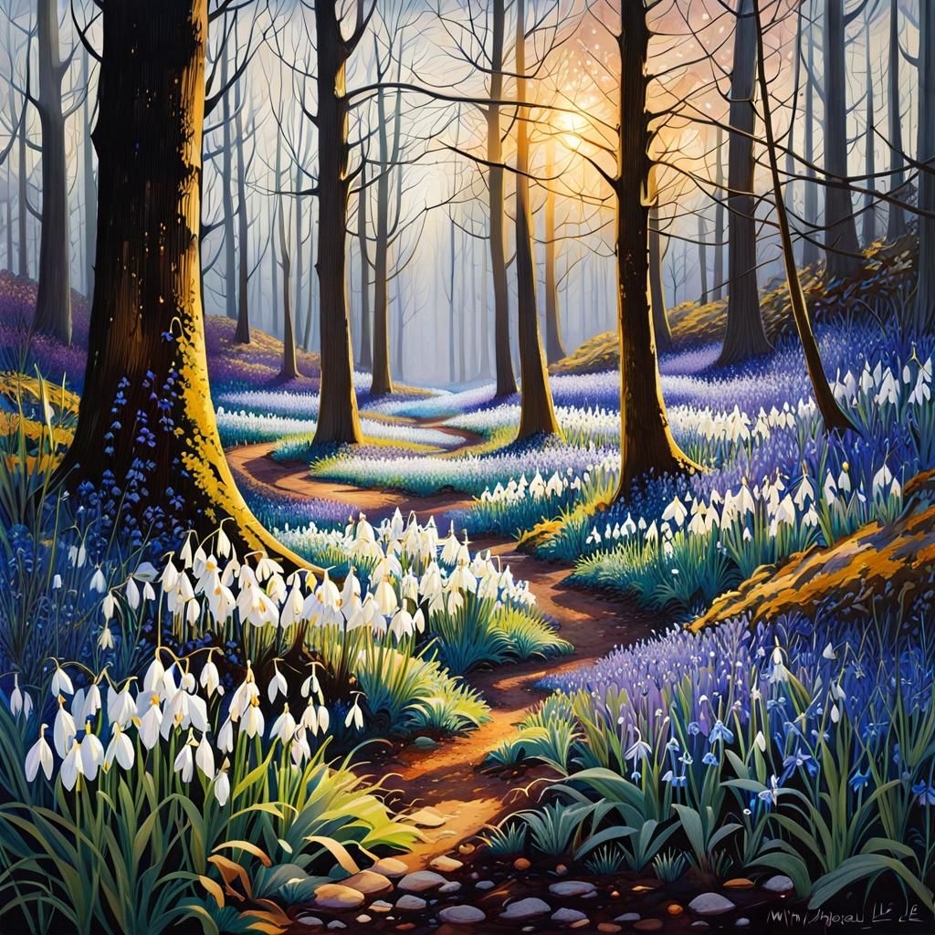 Spring Flowers in Forest, Watercolor Art