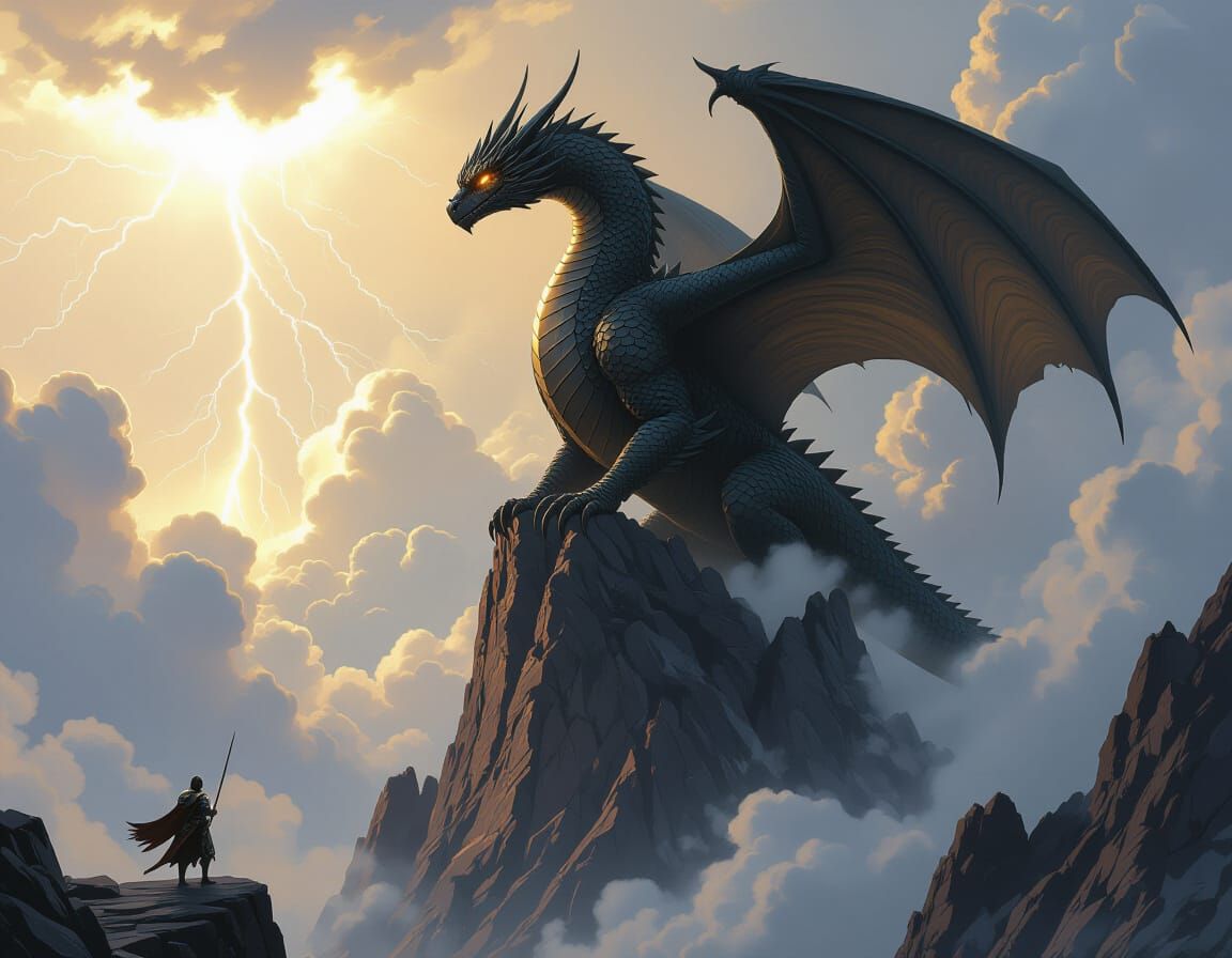 Dragon Perched Above Knight and Griffin: Dark Fantasy Art