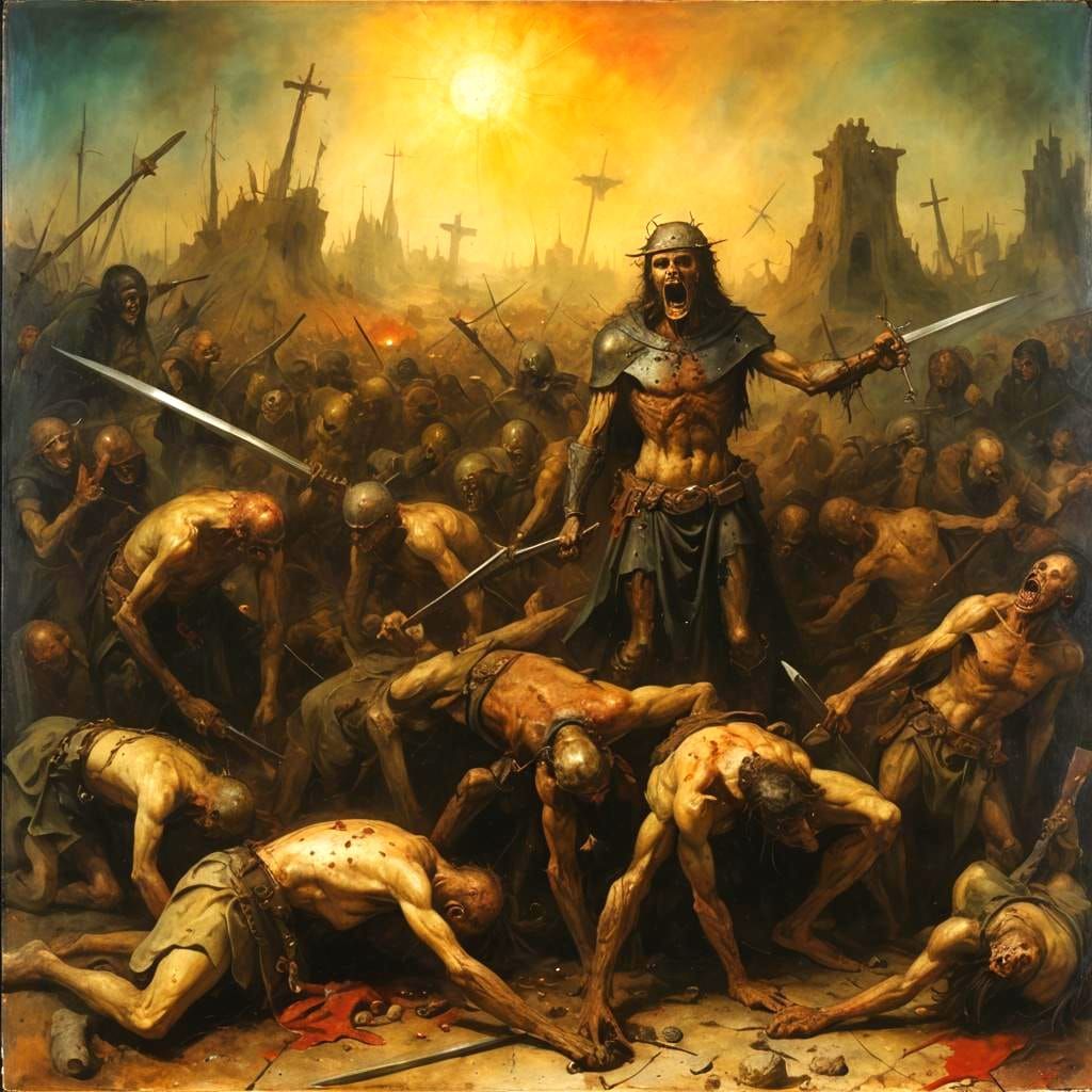Grimdark Battle Scene with Crucifixions in Blanchitsu Style