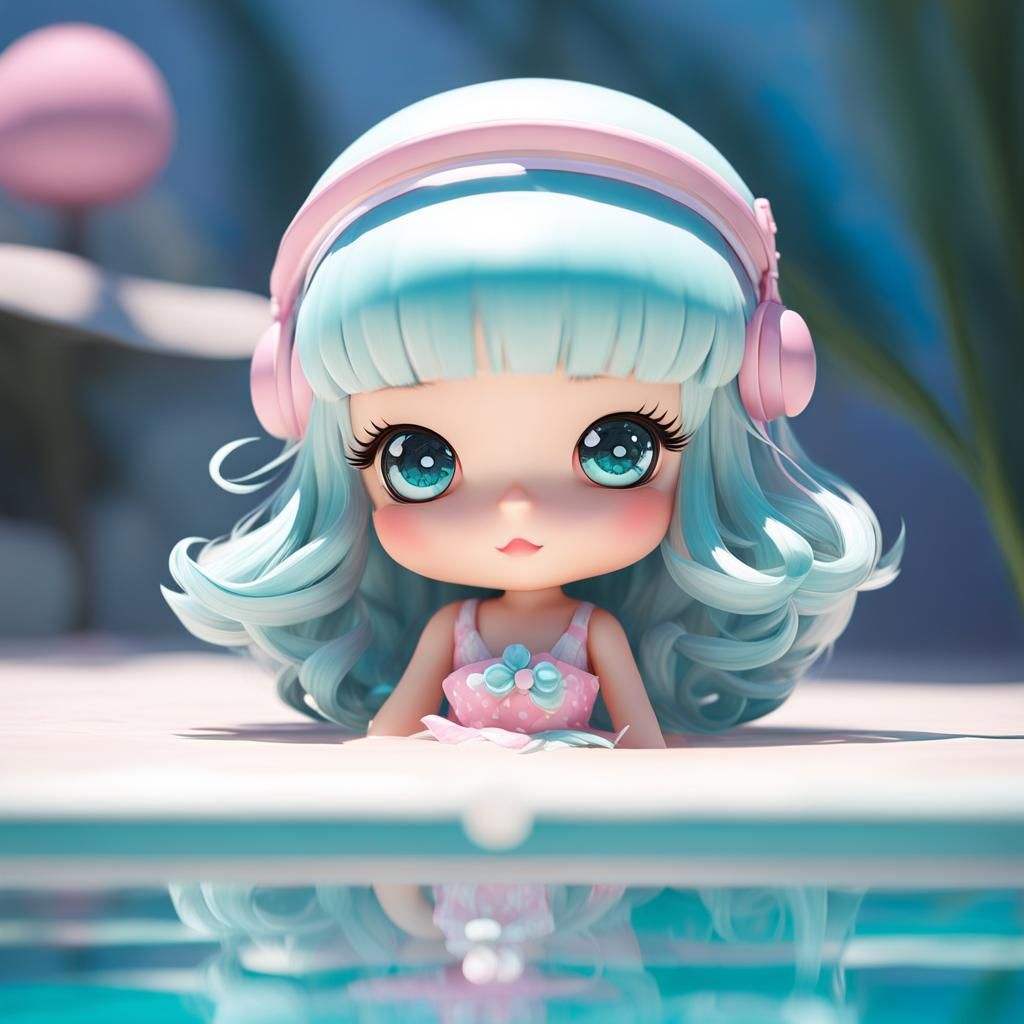 Pastel Kawaii Doll in Swimsuit by Pool