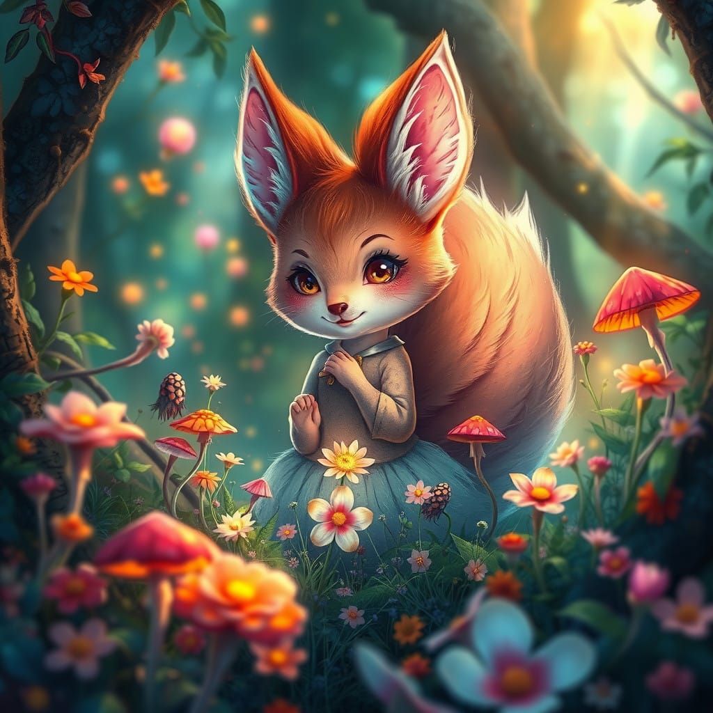 Whimsical Kitsune Girl in a Dreamlike Forest