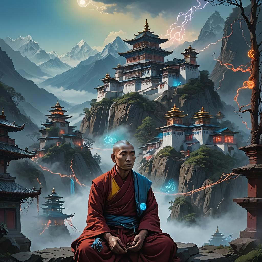 Buddhist Monk Meditating with Bioluminescent Tendrils