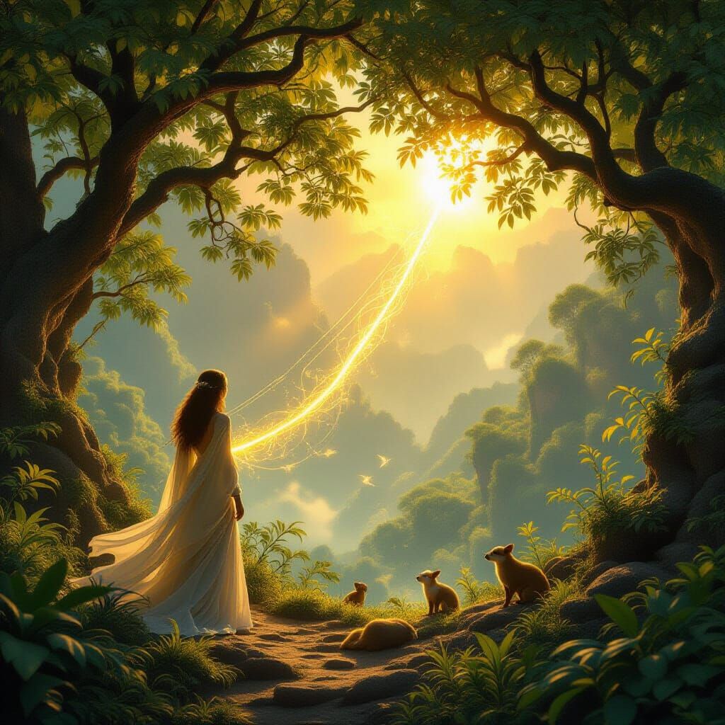 Ethereal Connection: Human Linked to Nature by Golden Light