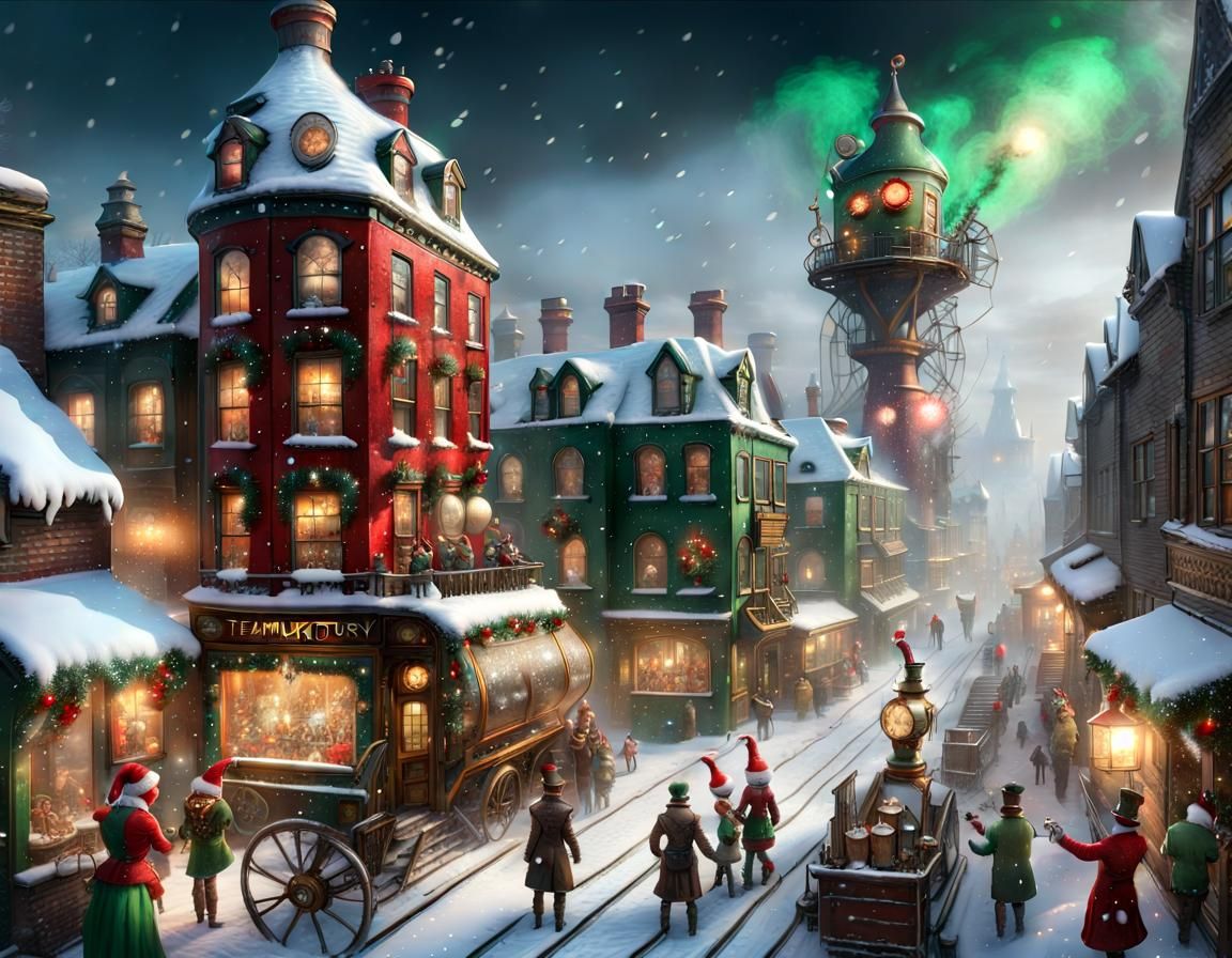 Steampunk Christmas Elves in Snowy Victorian Factory