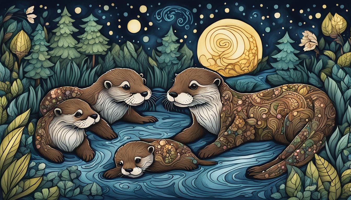 Happy Otter Family Playing in Forest Stream