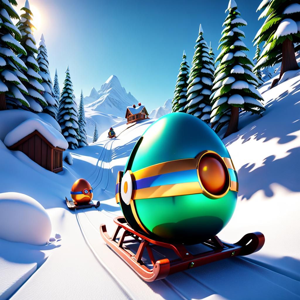 Egg Sledding Downhill in Pixar Style