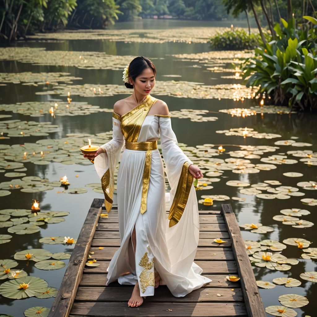 Thai Woman with Krathong in Golden Light