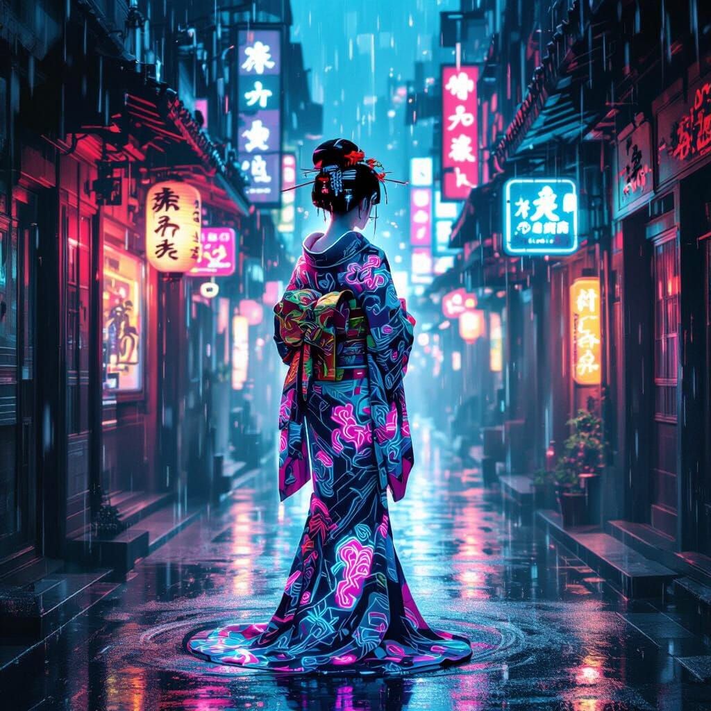 Cyberpunk Geisha in Rainy Shanghai Alley