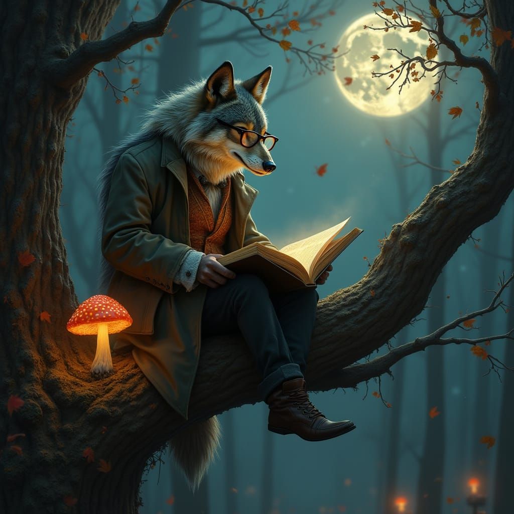 Wise Old Wolf Reading in Misty Forest