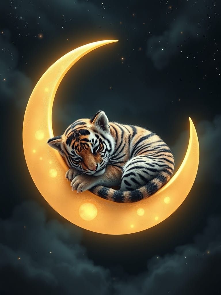 Moonlit Tiger Cub Slumbers in Dreamy, Art Deco-Inspired Scen...