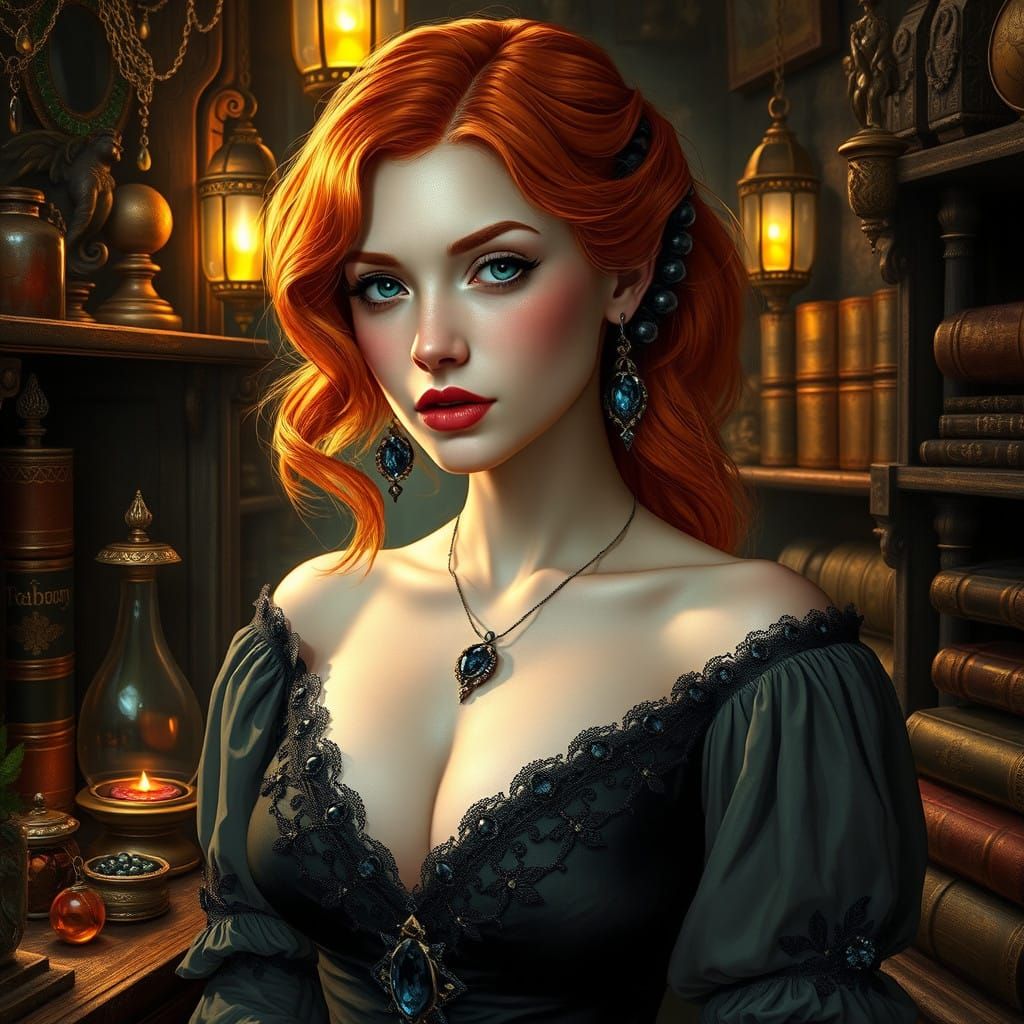 Vibrant Ginger Maiden in Medieval Jewelry Shop