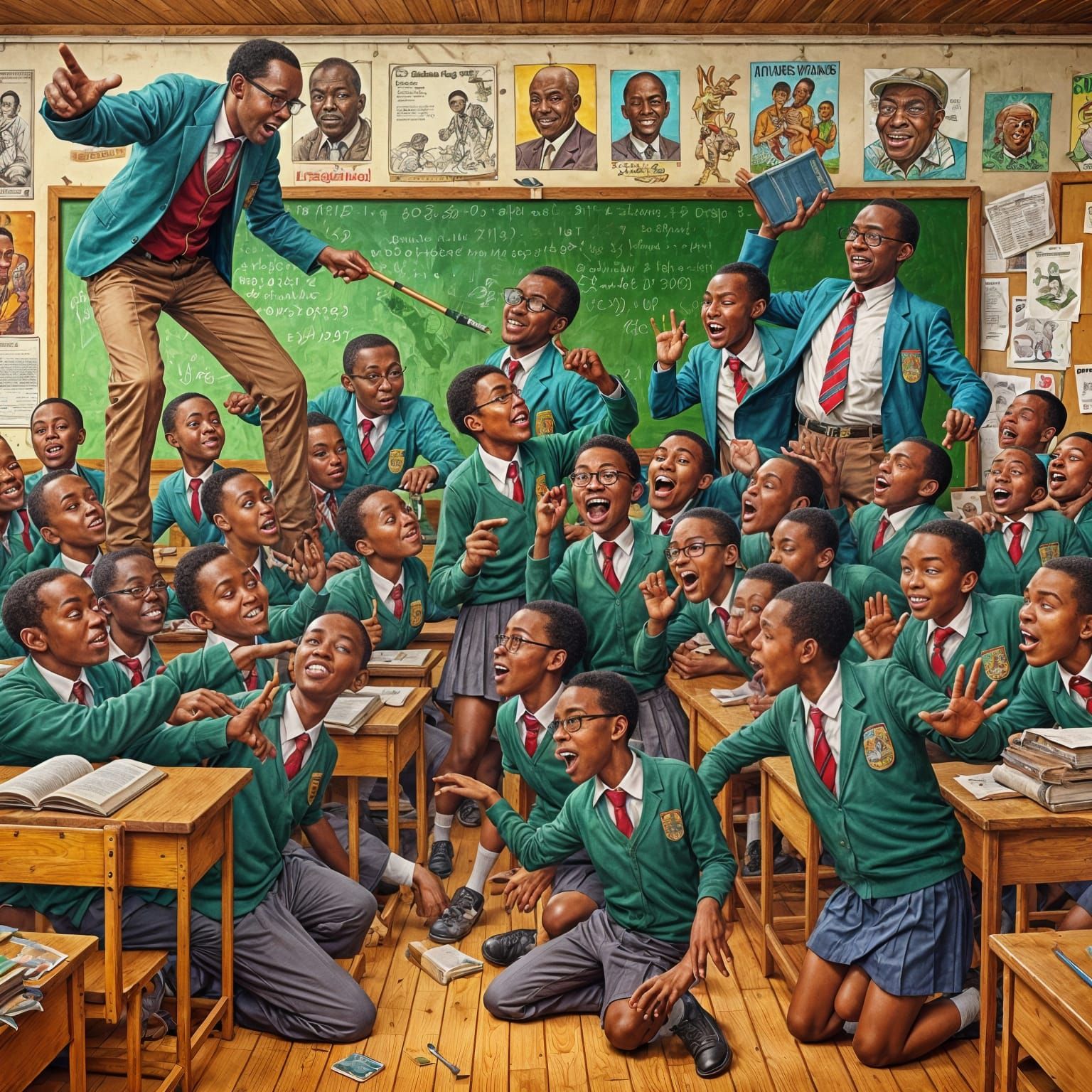 Kenyan Students in Humorous Classroom Scene, Matte Painting