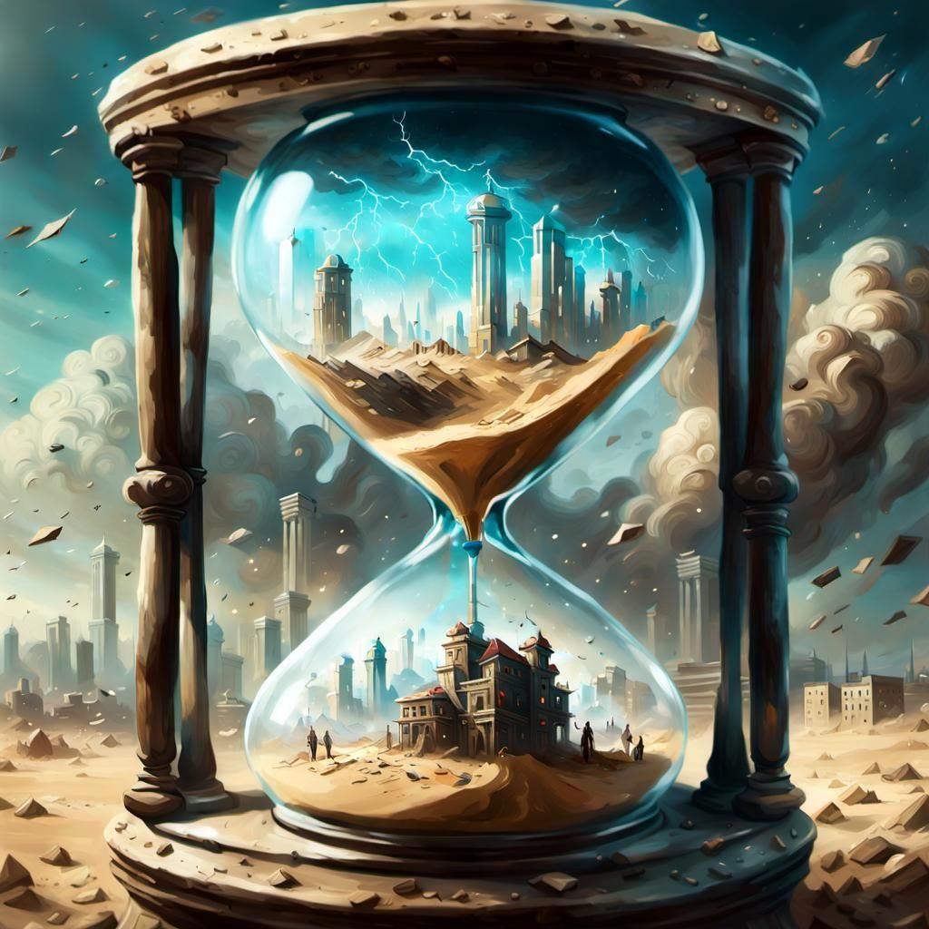 Cyberpunk Hourglass Dividing Worlds: Digital Illustration