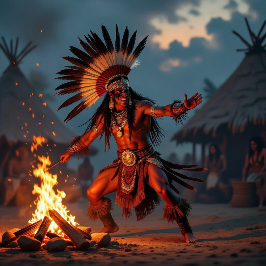 Aztec Warrior Dancing by Firelight Epic Concept Art
