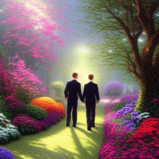 Gay Couple in Ethereal Garden, Hyperdetailed