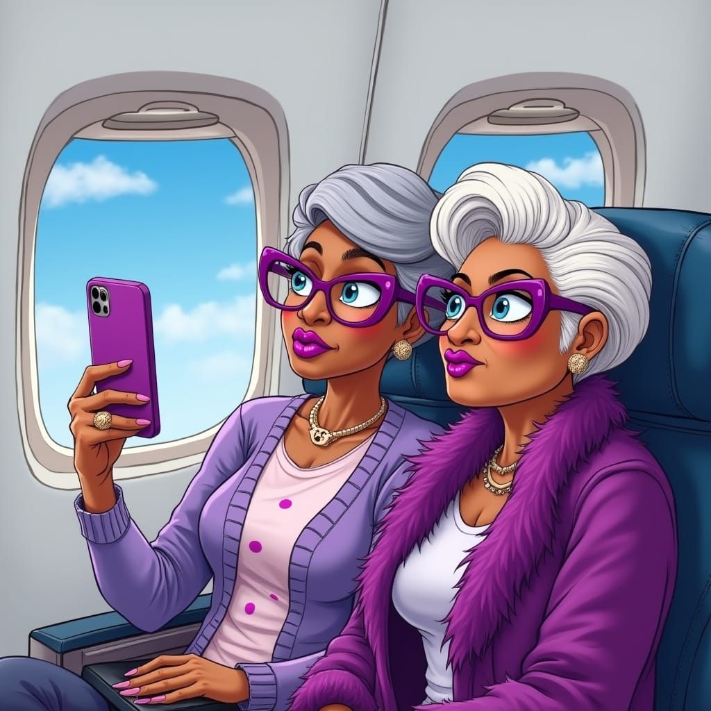 Fashionable Elderly Women Take Airplane Selfie