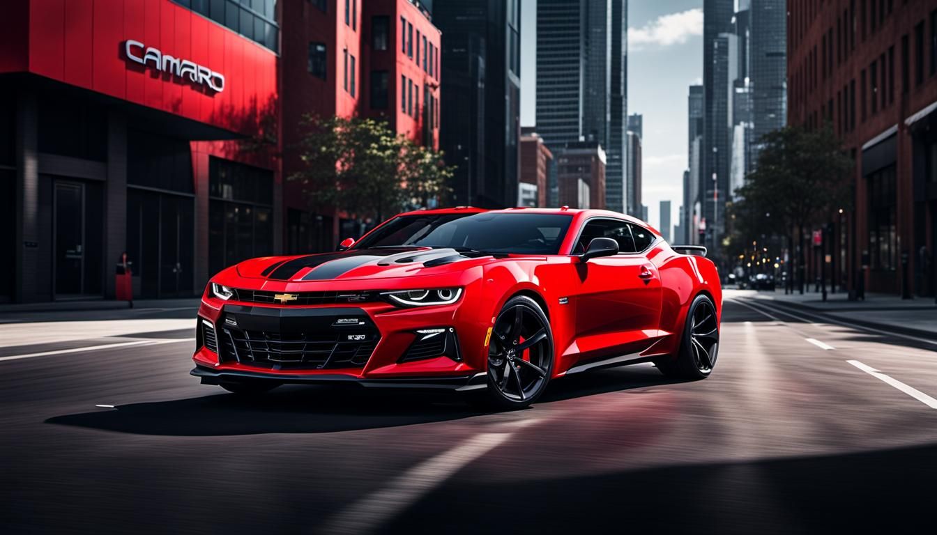 Red and Black Camaro in Futuristic Cityscape