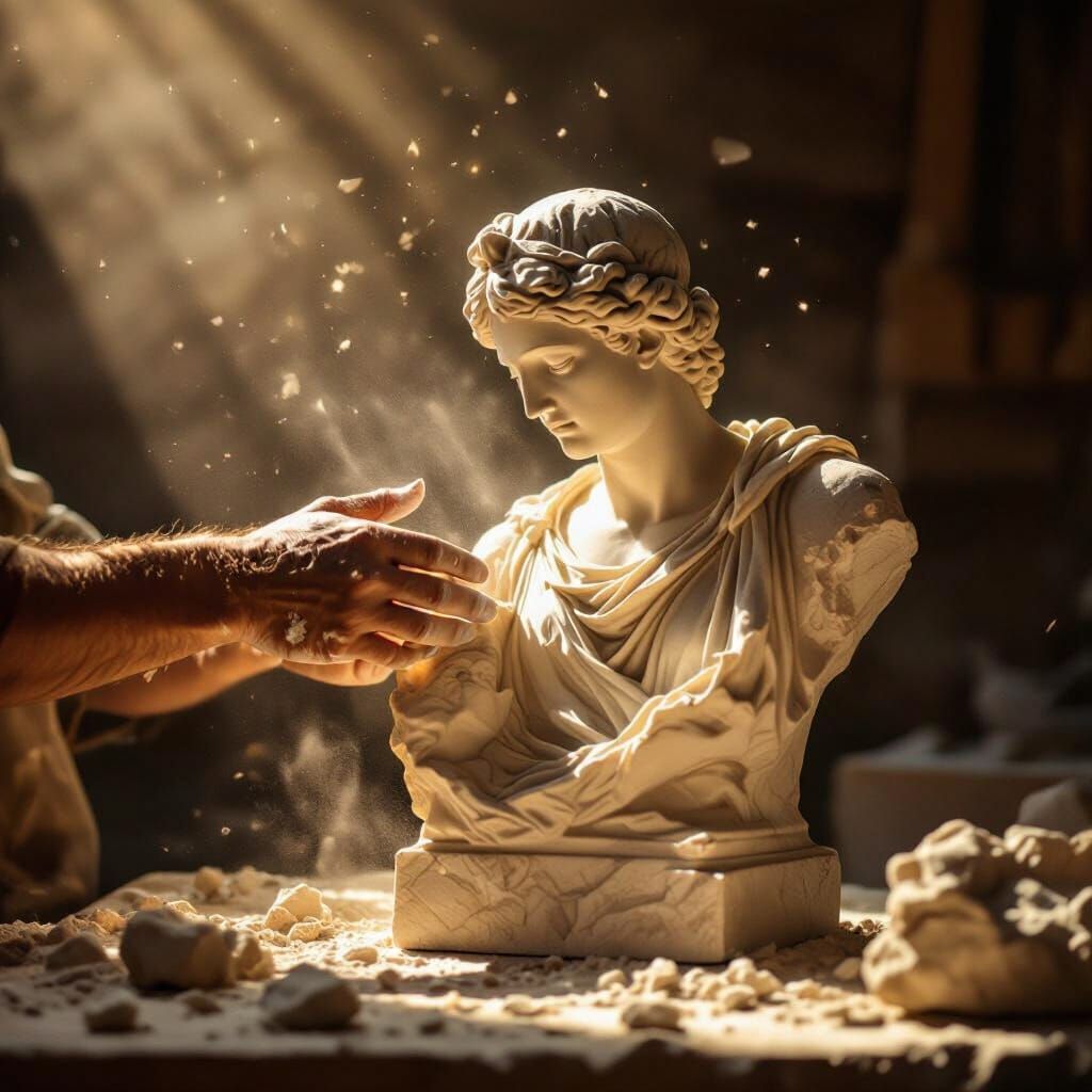 Sculptor's Hands Shape Marble in Dramatic Light