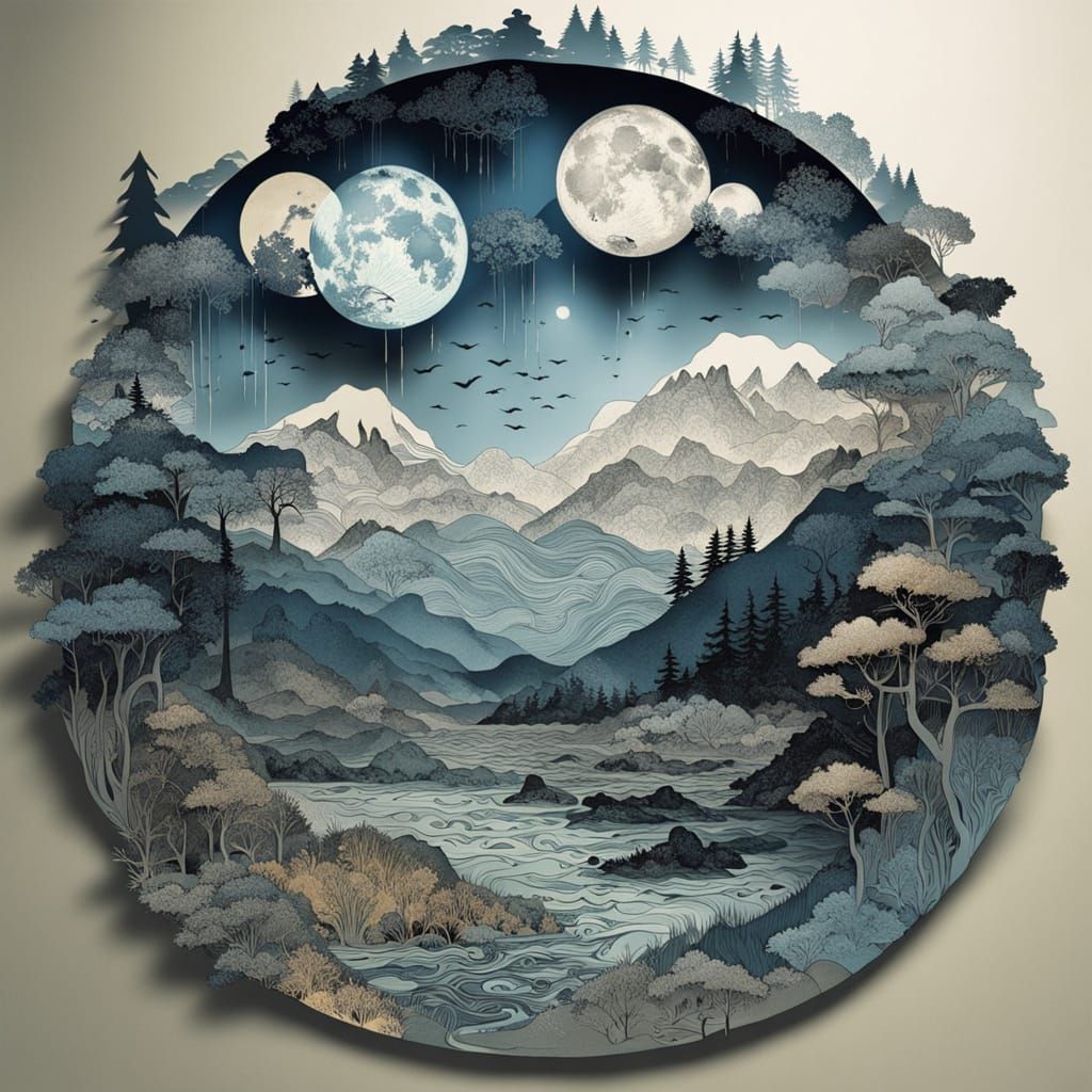 Hydrologic Cycle Paper Illustration in Sumi-e Style